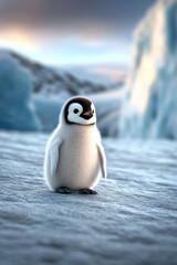 A tiny baby penguin chick with fluffy down feathers, standing alone on glacial ice