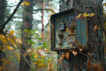An old, rusted control box mounted on a tree trunk is partially concealed by autumn leaves. The forest ambiance is calm, with muted colors and soft lighting.