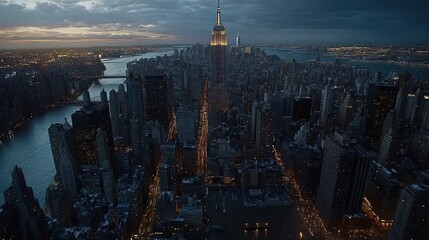 Obraz premium Aerial view of New York City skyline at dusk.