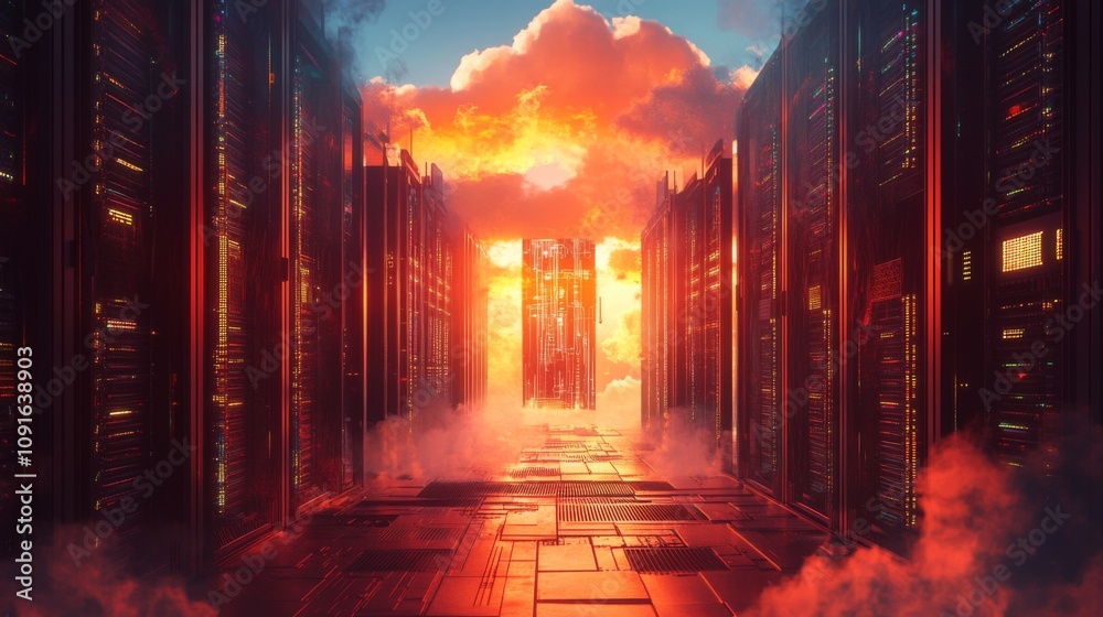 Poster A long hallway in a server room with a bright orange sky visible through the rows of server racks. There is a red haze or mist in the air and the floor is tiled in a dark grey and orange pattern.