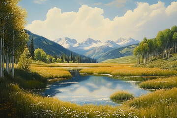 Fototapeta premium painting beautiful Colorado meadow with distant mountains lake Aspens season