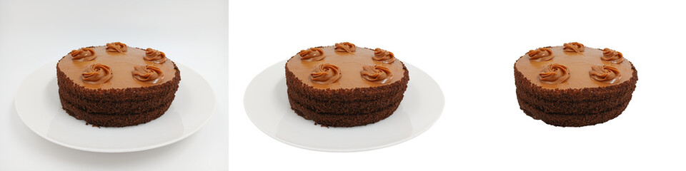 Festive chocolate, caramel cake. Dessert for a party or holiday. Sponge cake covered with shiny glaze and decorated with cream. Easy to add text or logo. The theme of cooking, holiday, postcard.