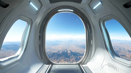 Naklejka premium Futuristic Spacecraft Interior with Scenic Earth View Through Large Window