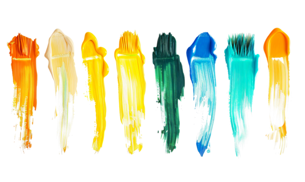  Set collection of paintbrush brush with streak stroke painted paint colors on a transparent background 