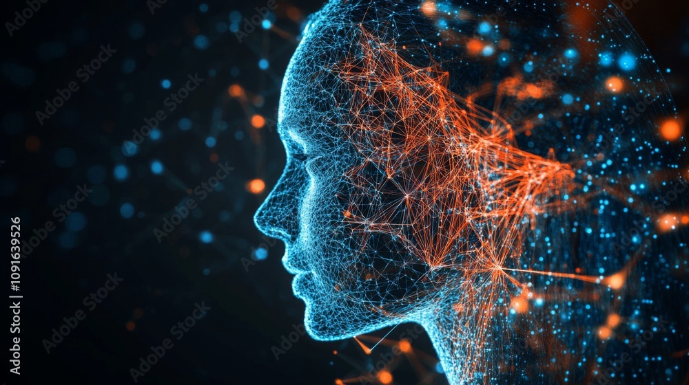 Leinwandbilder a glowing digital silhouette of a human head is filled with colorful lines and nodes, symbolizing co