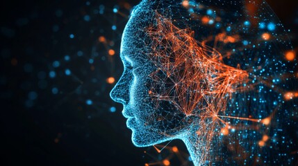 A glowing digital silhouette of a human head is filled with colorful lines and nodes, symbolizing connectivity and data flow.