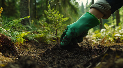 Naklejka premium Close-Up of Hand Planting Evergreen Sapling in Forest Soil