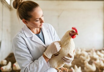 Veterinarian Examining Chicken on Farm