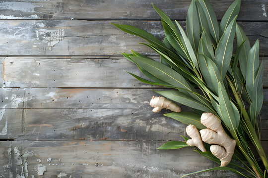 Fresh Ginger Roots with Green Leaves on Rustic Wooden Background Copy Space. Natural and Organic Concept for Food Blogs, Recipes, Health Websites, E-commerce, Packaging, Ads, Cookbooks, Social Media