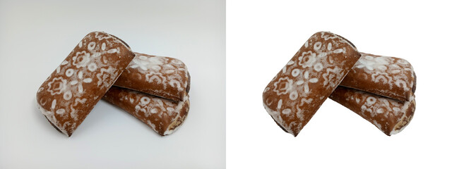 Gingerbread with white sugar glaze. Festive baking with spices. Winter dessert whole. Close. Ruddy dough with a crispy crust. Just add text or logo. Culinary theme greeting card, homemade bakin