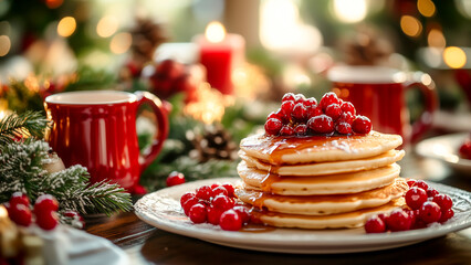 A Christmas breakfast table with a detailed spread of pancakes, maple syrup, festive mugs, and red and green holiday d&eacute;cor.