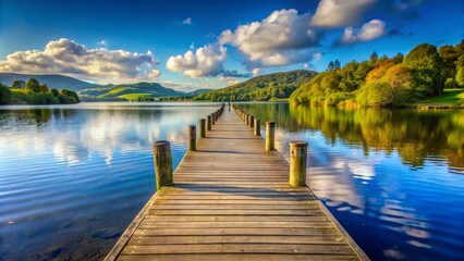 Obraz premium Serene Wooden Jetty Overlooking Tranquil Blue Waters of Windermere in England Surrounded by Lush Green Hills and Beautiful Cloud Patterns