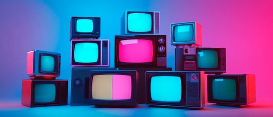 A stylized arrangement of vintage television sets lit by vibrant neon blue and pink lighting creates a retro-futuristic aesthetic, with glowing screens displaying contrasting colors. Generative AI