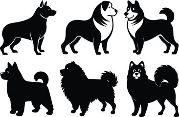6 Vector Silhouette Dogs Logo Icon Set - Black Clipart Illustrations on White Background