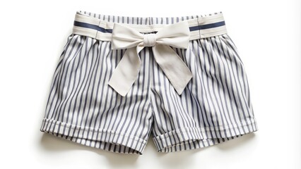 Stylish White and Striped Shorts with Bow Detail on a Pure White Background for Fashion and Apparel Photography