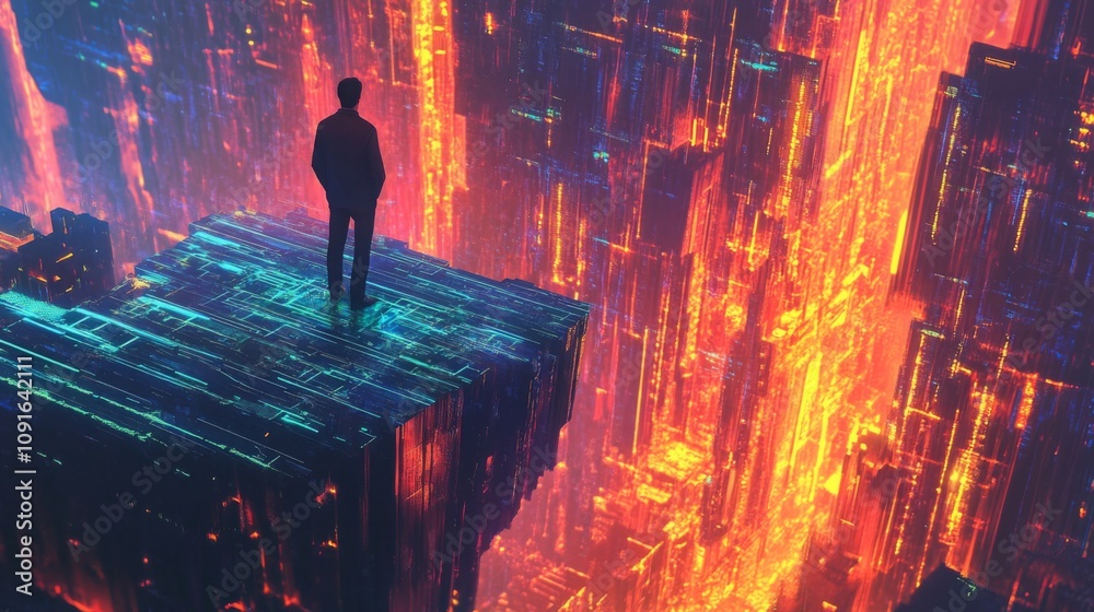 Aufkleber a lone figure surveys a stunning, futuristic landscape filled with towering structures glowing in sh