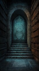 A dimly lit, ancient library features a grand staircase leading to an intricately designed arched doorway, flanked by tall shelves filled with old books.