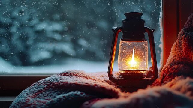 A lantern against the backdrop of falling snow. Looping video
