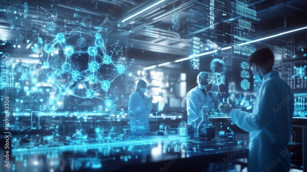 Aufkleber in a high-tech laboratory, scientists are engaged in research using holographic displays and advance