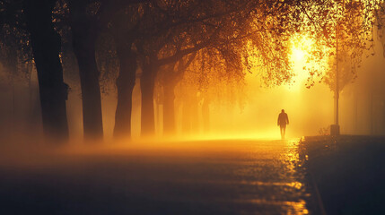Fototapeta premium Lone Figure Walking Through Misty Street at Sunset