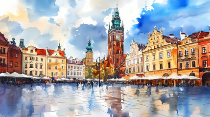 Naklejka premium The main square of the old town in krakow, poland watercolors painted. krakow is the second largest and one of the oldest cities in poland. Renaissance Market Square. Illustration