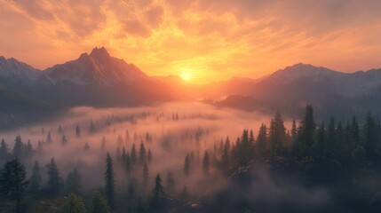 Obraz premium Majestic Mountain Sunset Over Foggy Forest Valley