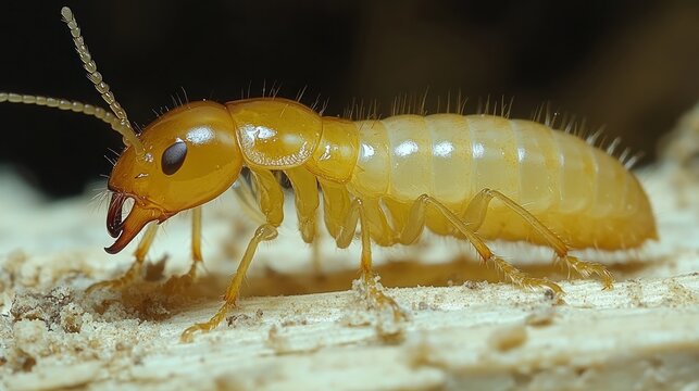 Close-up of a yellow termite on a piece of wood.