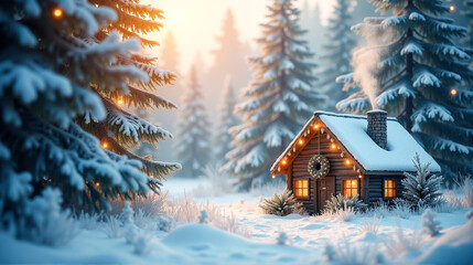 Cozy wooden cabin in a snowy forest decorated with warm lights during a serene winter evening