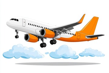 Obraz premium 2D illustration of an aircraft flying high above fluffy white clouds, drawn in a vibrant, cartoonish style on a clean white background
