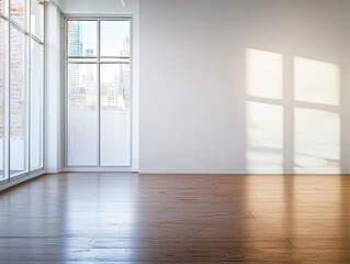 Fototapeta premium Empty room with large windows and sunlight illuminating the wooden floor on a clear day