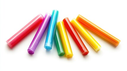 Fototapeta premium Vibrant assortment of colorful adhesive glue sticks arranged on a white background, showcasing shades of purple, blue, green, yellow, orange, and red.
