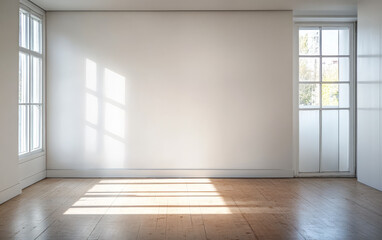 Obraz premium Bright and airy room with large windows and wooden flooring in a modern setting