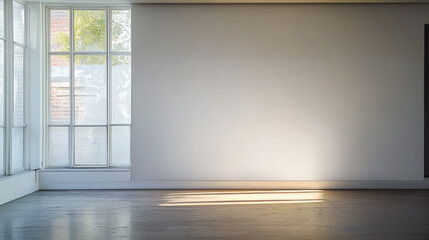 Fototapeta premium Bright and minimalist interior space with large windows and light wood flooring during daytime