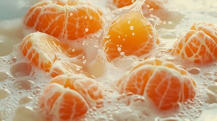 Mandarin Segments Splashing In Creamy Liquid