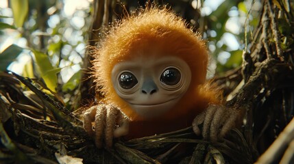 Adorable Baby Uakari Monkey in Rainforest Canopy