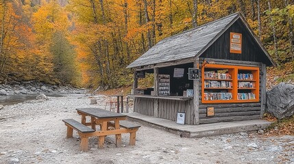Autumnal Bookstore in Forest Rustic Cabin River Books Fall Colors Picnic Table