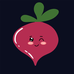 kawaii beetroot emoticon character. Hand drawn Beetroot in doodle style for designing baby clothes. Cartoon purple beetroot character set. Cute beet with banner vector illustration