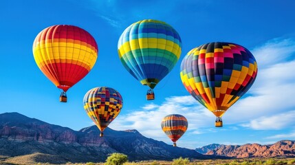 Obraz premium Colorful Hot Air Balloons Soaring Over Majestic Mountains