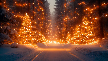 A serene snowy forest path with towering pine trees draped in glowing fairy lights, creating a peaceful and magical winter scene.