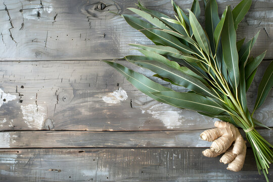 Fresh Ginger Roots with Green Leaves on Rustic Wooden Background Copy Space. Natural and Organic Concept for Food Blogs, Recipes, Health Websites, E-commerce, Packaging, Ads, Cookbooks, Social Media