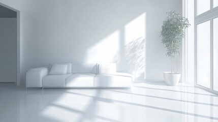 Fototapeta premium Bright and airy corner of a minimalist white living room showcasing a sleek, comfortable sofa and a vibrant potted plant bathed in soft, natural light streaming through large windows.