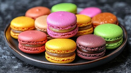 Colorful macarons with chocolate filling on a grey plate.