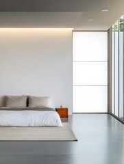 Modern minimalist bedroom design with natural light and soothing colors