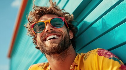 A cheerful man in colorful sunglasses and casual attire leans against a bright blue wall, radiating happiness and positive energy on a sunny day outdoors.