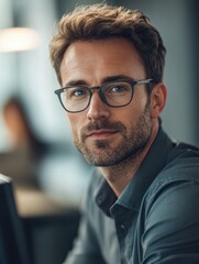 Obraz premium Caucasian businessman ceo in glasses having working videocall on financial report with multiethnic colleagues using personal computer in modern corporation global office. Over shoulder view.
