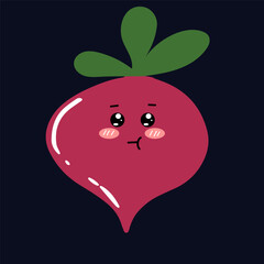 kawaii beetroot emoticon character. Hand drawn Beetroot in doodle style for designing baby clothes. Cartoon purple beetroot character set. Cute beet with banner vector illustration