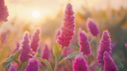 Obraz premium Vibrant amaranth flowers in soft focus, illuminated by warm sunlight, creating a serene and colorful blooming field at dusk.