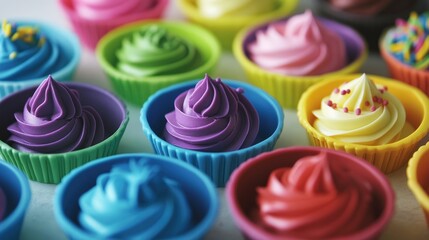Vibrant and colorful cupcakes with swirled frosting arranged in bright silicone molds showcasing a variety of flavors and decorations.