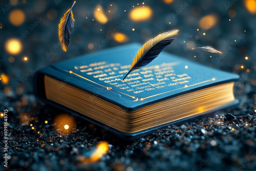 Poster a magical agenda book glowing with enchanted text, surrounded by floating quills and sparkling light