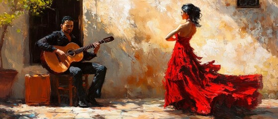 A vibrant oil painting depicts a passionate flamenco scene with a guitarist in black playing for a dancer in a flowing red dress against a textured golden wall. Generative AI
